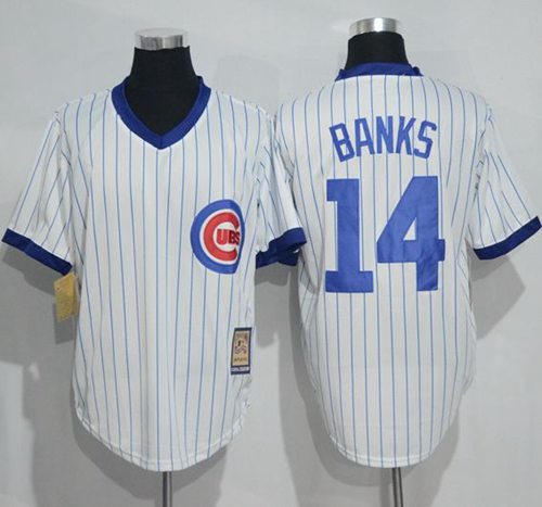 Cubs #14 Ernie Banks White Strip Home Cooperstown Stitched MLB Jersey - Click Image to Close